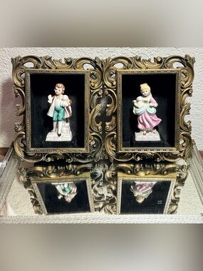 2 MCM Norleans Golden Frames Shadow Boxes Porcelain Figurines Wall Decorations